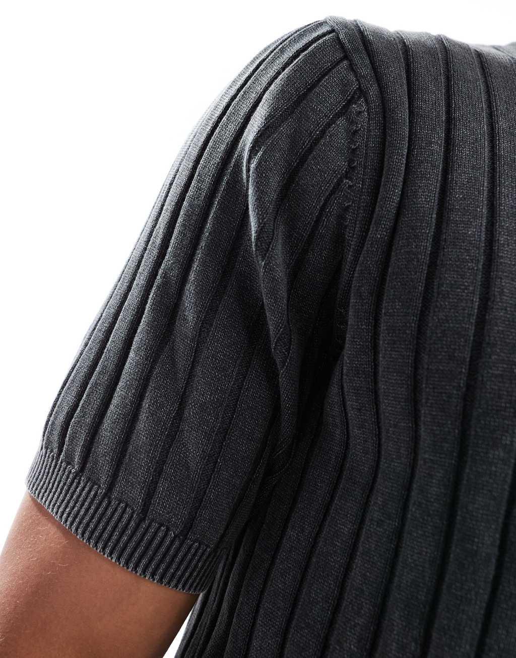 ASOS DESIGN muscle fit washed knitted t-shirt in black rib Product Image