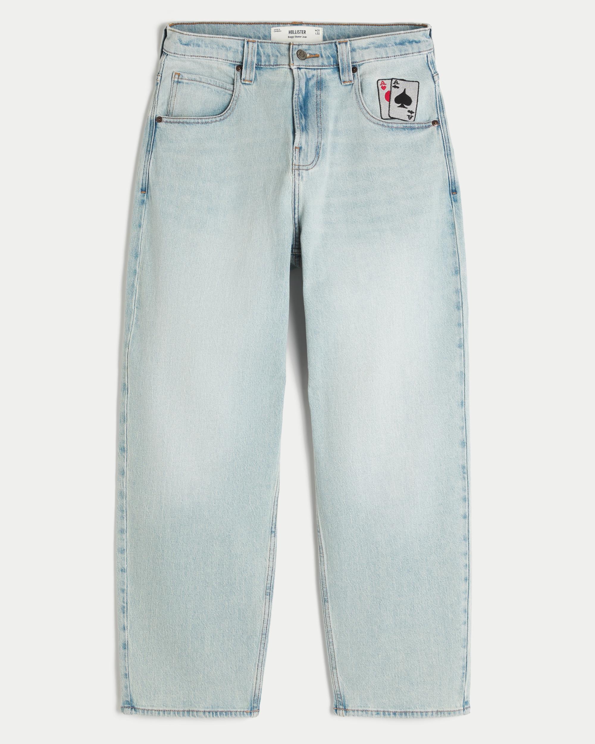 Light Wash Playing Card Graphic Skater Baggy Jeans Product Image