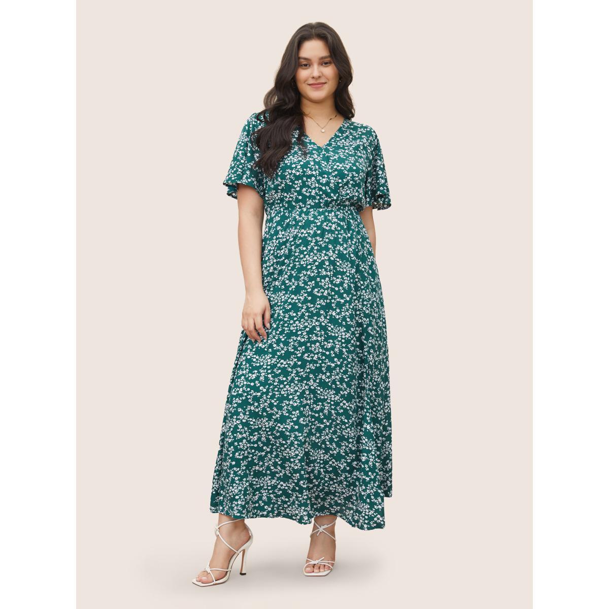 Ditsy Floral Printed Vintage Plus Size Women Vacation Long Dress Ruffle Sleeve Half Sleeve V Neck Pocket Elegance Dresses BloomChic Product Image
