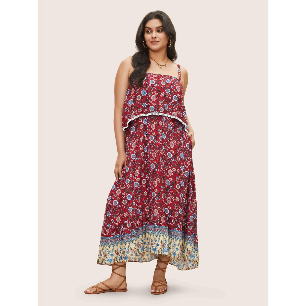 Plus Size Bandana Print Spaghetti Strap Pocket Ruffles Asymmetrical Hem Maxi Dress Scarlet Women Resort Non Non Sleeveless Curvy Long Dress BloomChic 28/5X Product Image