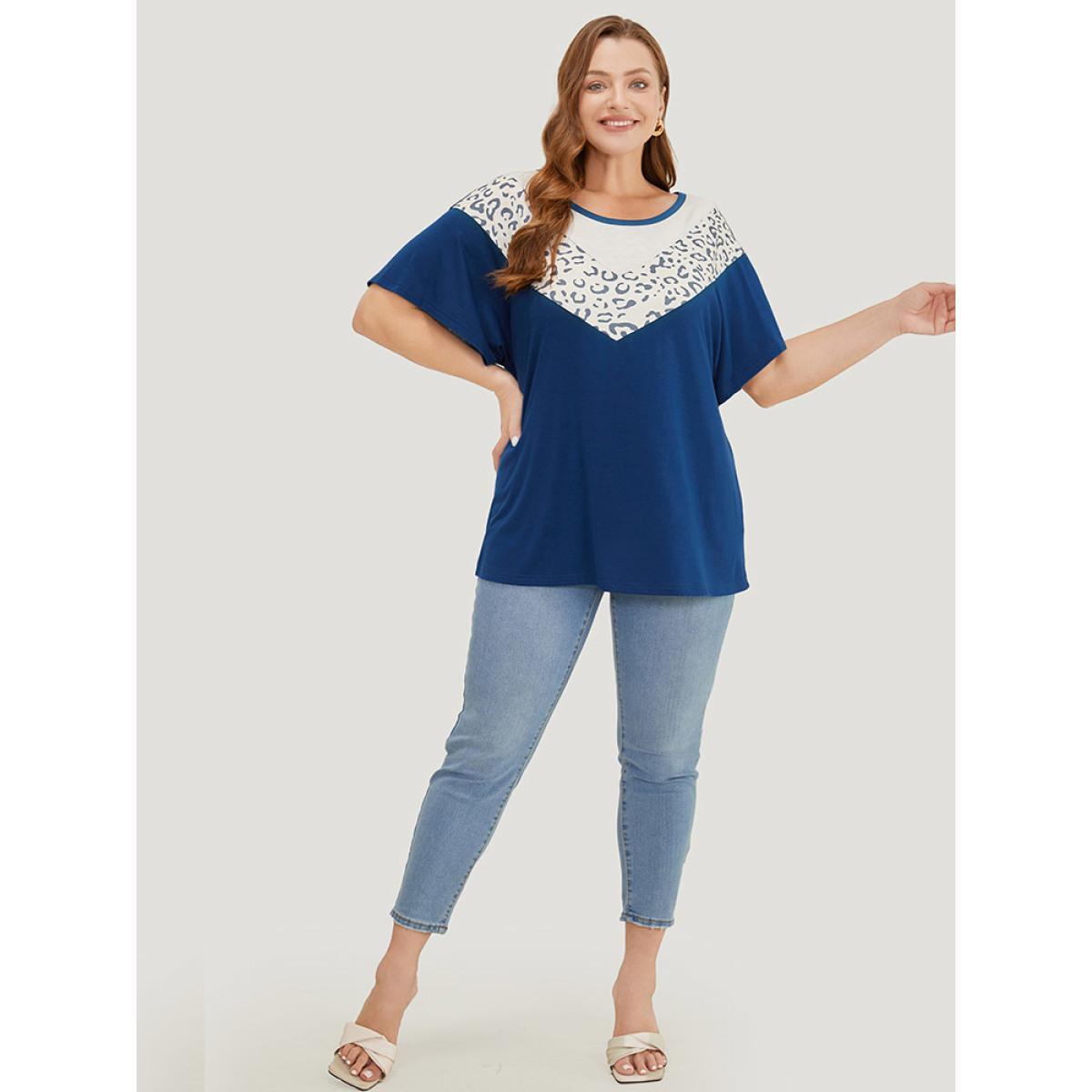 Plus Size Leopard Contrast Batwing Sleeve Patchwork T-shirt Indigo Women Casual Contrast Colorblock Round Neck Dailywear T-shirts BloomChic 30/6X Product Image