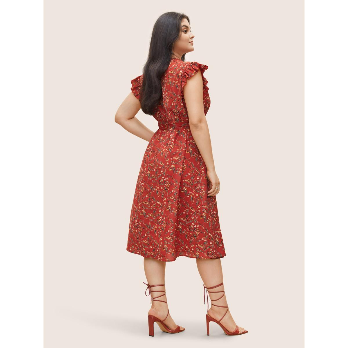 Plus Size Floral Print Frill Notched Flutter Sleeve Dress Raspberry Women Elegant Non Notched collar Sleeveless Curvy Midi Dress BloomChic 22-24/3X Product Image