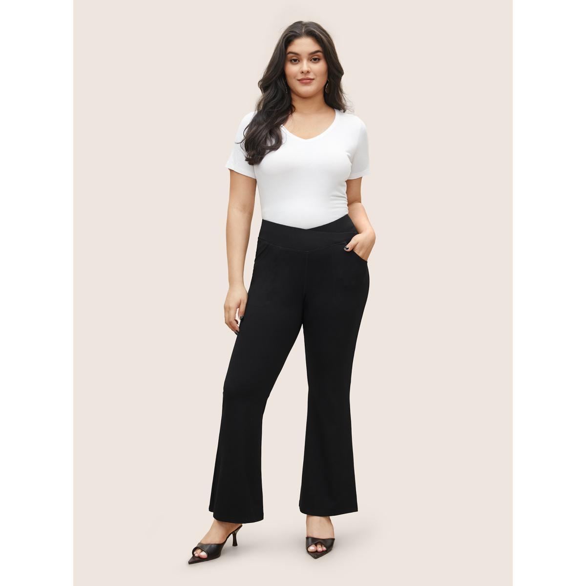 Plus Size Flare Leg Crossover Detail Elastic Waist Pants Women Black Elegant Flare Leg High Rise Everyday Pants BloomChic 14-16/1X Product Image