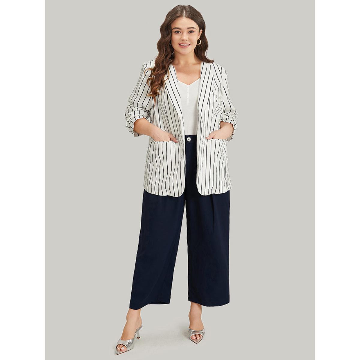 Plus Size Striped Pocket Gathered Lapel Collar Blazer White Women Work Striped Gathered Sleeve Long Sleeve Lapel Collar 18-20/2X Pocket Office Blazers BloomChic Product Image