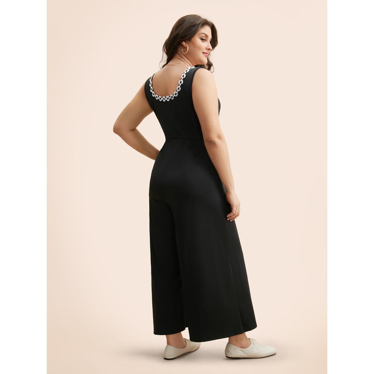 Plus Size Black Stereo Flower Design Square Neck Jumpsuit Women Elegant Sleeveless Square Neck Everyday Loose Jumpsuits BloomChic 10/M Product Image