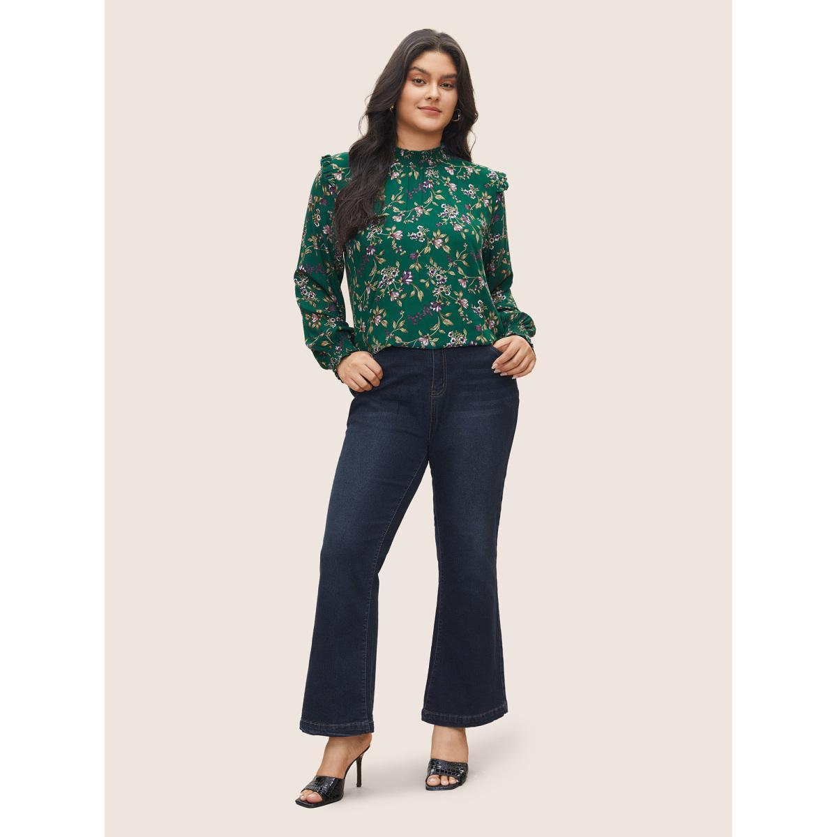 Plus Size DarkGreen Floral Lantern Sleeve Shirred Mock Neck Blouse Women Elegant Long Sleeve Mock Neck Everyday Blouses BloomChic 14-16/1X Product Image