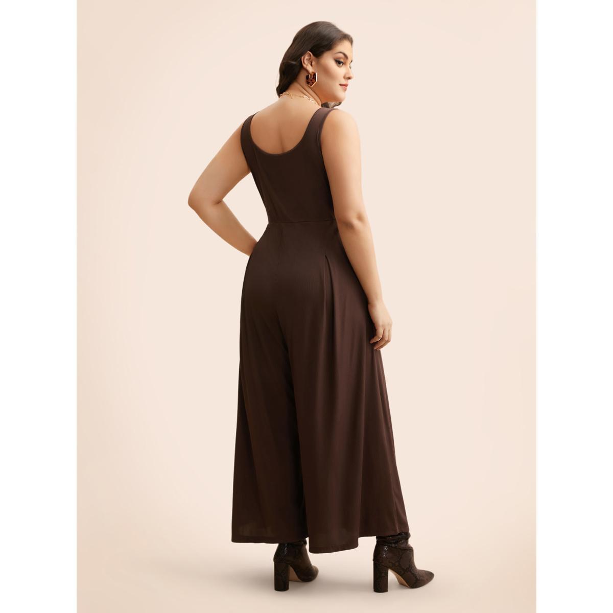 Plus Size Browncoffeecolor Rib Knit Plicated Detail Jumpsuit Women Elegant Sleeveless Square Neck Everyday Loose Jumpsuits BloomChic 28/5X Product Image