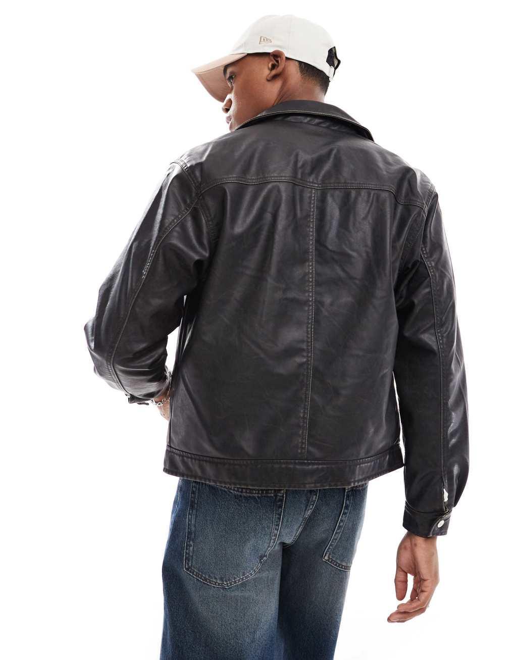 Pull&Bear faux leather washed jacket in black Product Image