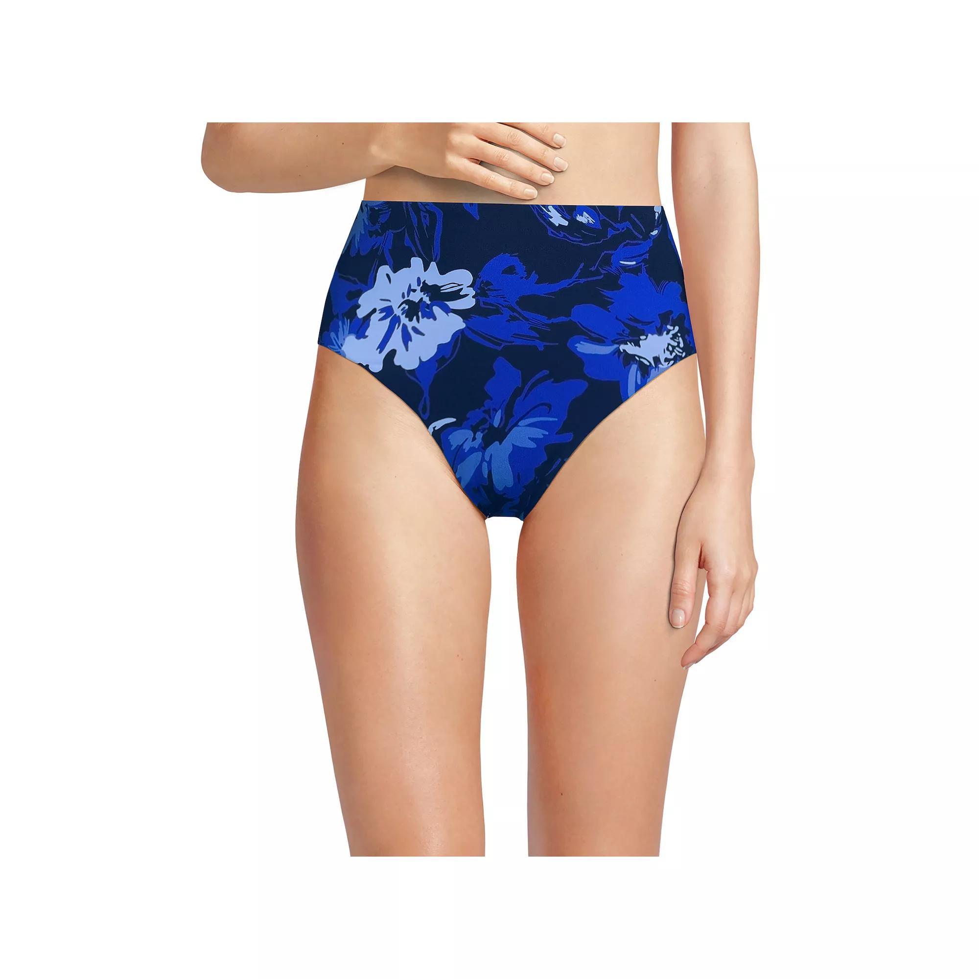 Women's Lands' End Smoothing High Waisted Bikini Bottoms, Size: 12, Deep  Blue Floral Product Image