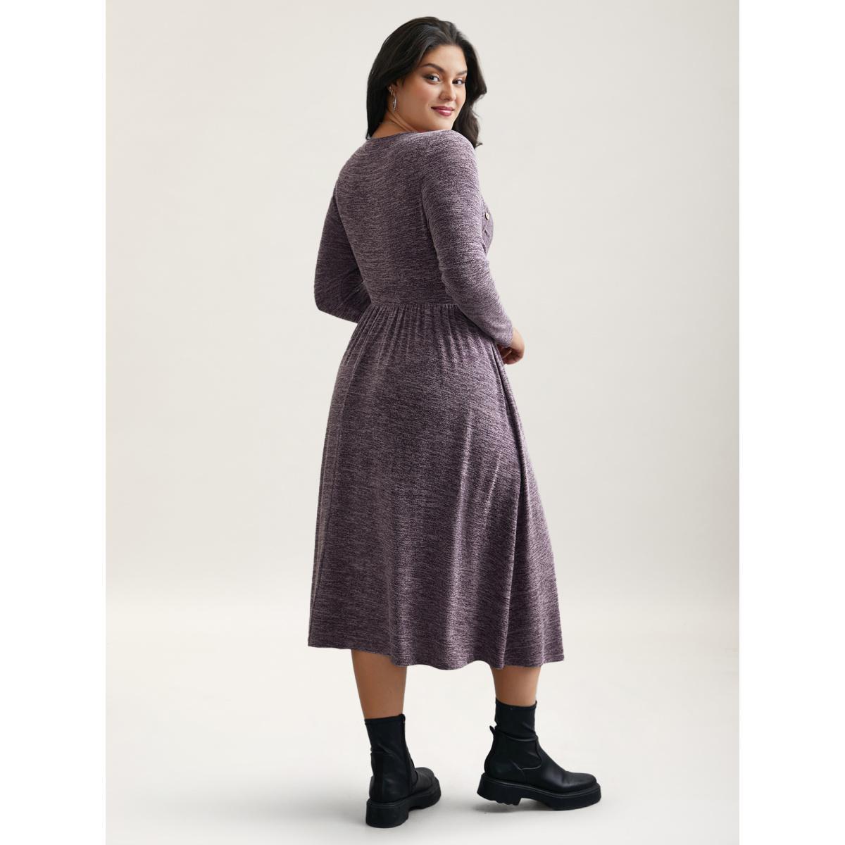 Plus Size Heart Neckline Button Detailing Crossover Fit Dress Mauve Women Casual Gathered Knit Dresses Bloomchic 10/M Product Image