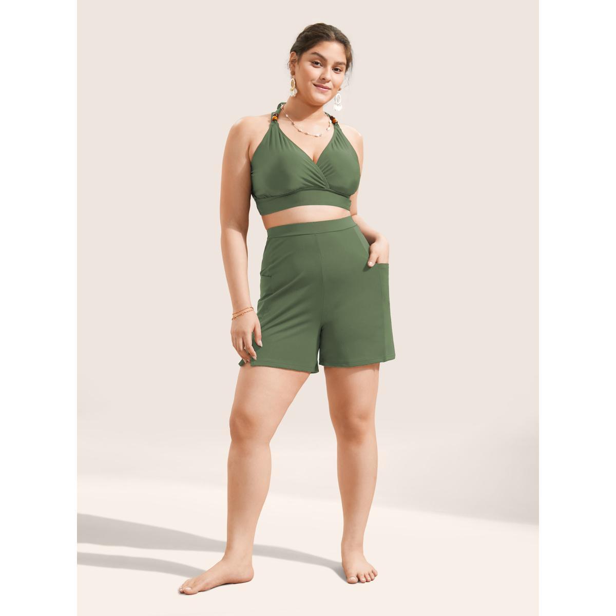 Plus Size High Rise Pocket Split Side Swim Bottom Women's Swimwear ArmyGreen Beach Non High stretch Bodycon High Rise Slanted pocket Curve Swim Bottoms BloomChic 10/M Product Image