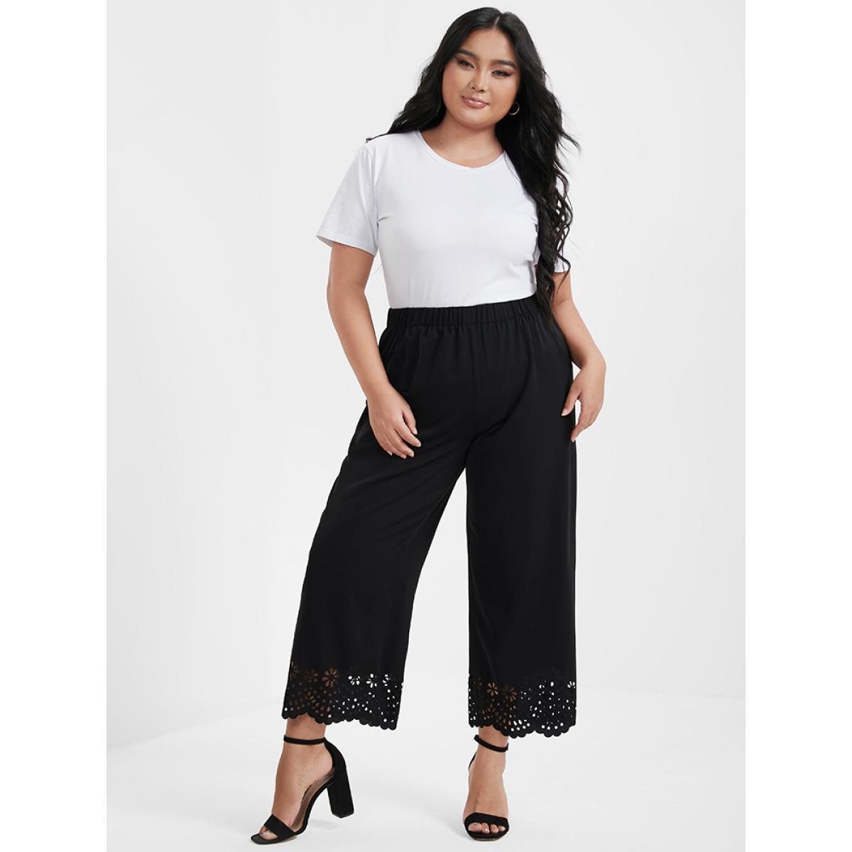 Plus Size Broderie Anglaise Elastic Waist Loose Pants Women Black Elegant Loose High Rise Dailywear Pants BloomChic 14-16/1X Product Image