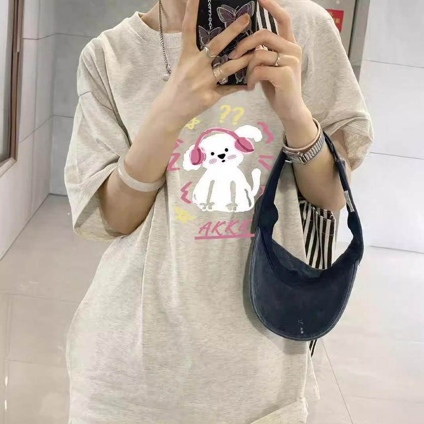Short Sleeve Dog & Lettering Print Loose-Fit Tee Product Image