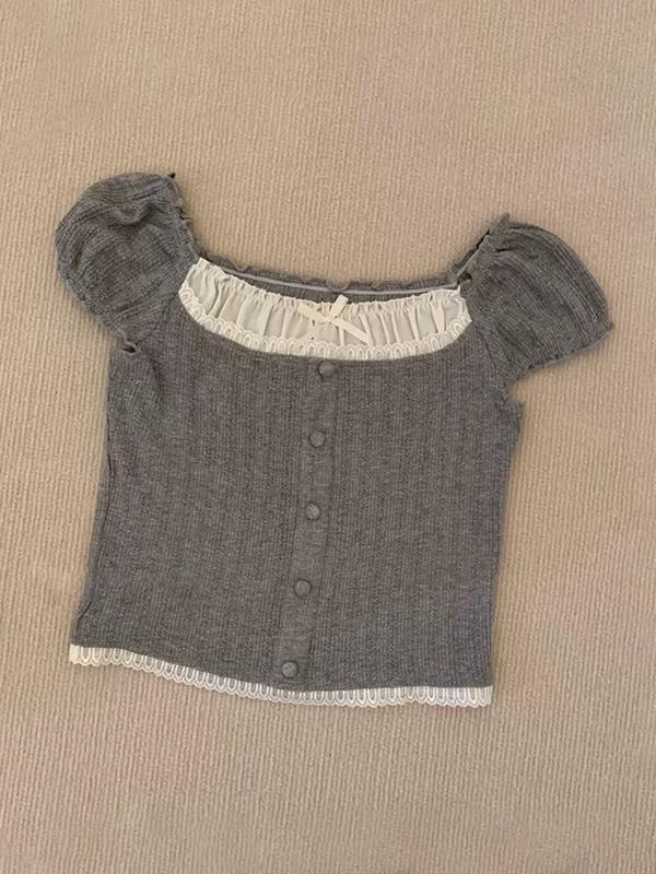 Lace edge contrast stitching Short Sleeves SKnits Product Image