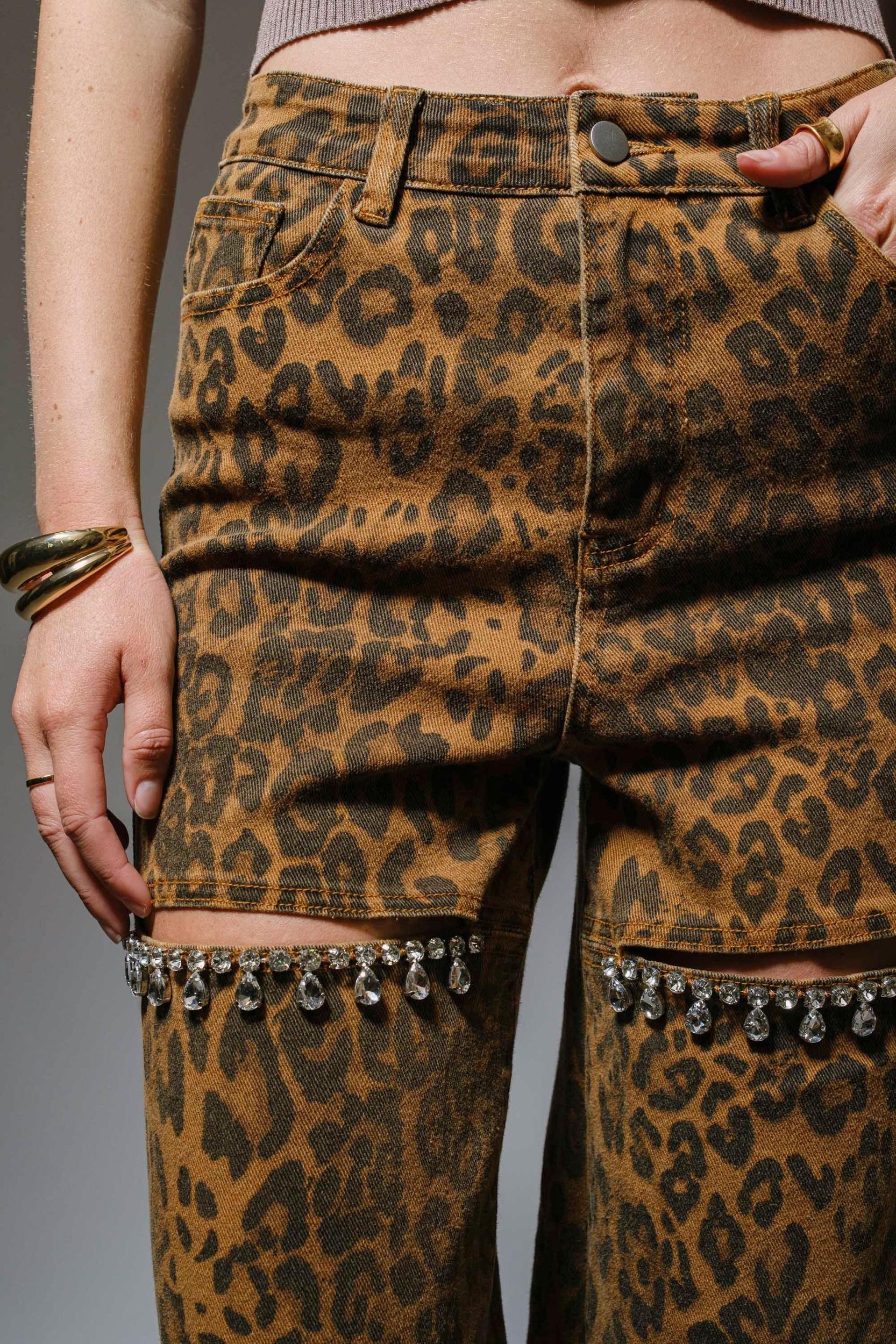 Leopard Cut-Out Rhinestone Jeans Product Image