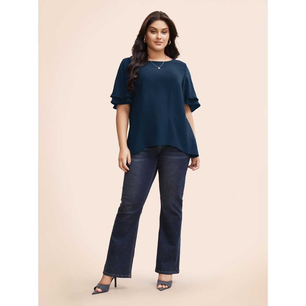 Plus Size Indigo Solid Tiered Ruffles Split Hem Blouse Women Elegant Half Sleeve Boat Neck Everyday Blouses BloomChic 30/6X Product Image