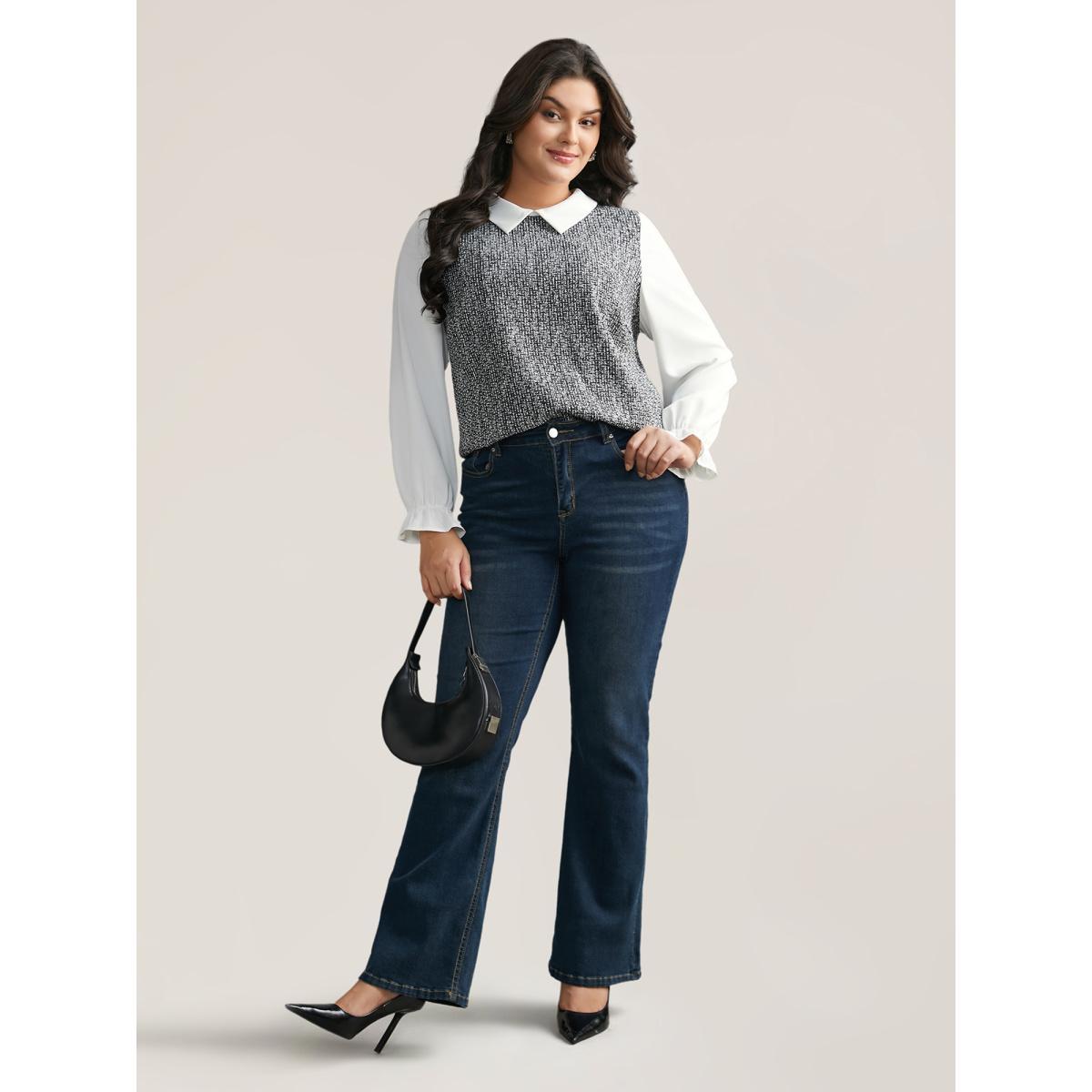 Plus Size Black Tweed Patchwork Lantern Sleeve Blouse Women At the Office Long Sleeve Shirt collar Work Blouses BloomChic 30/6X Product Image