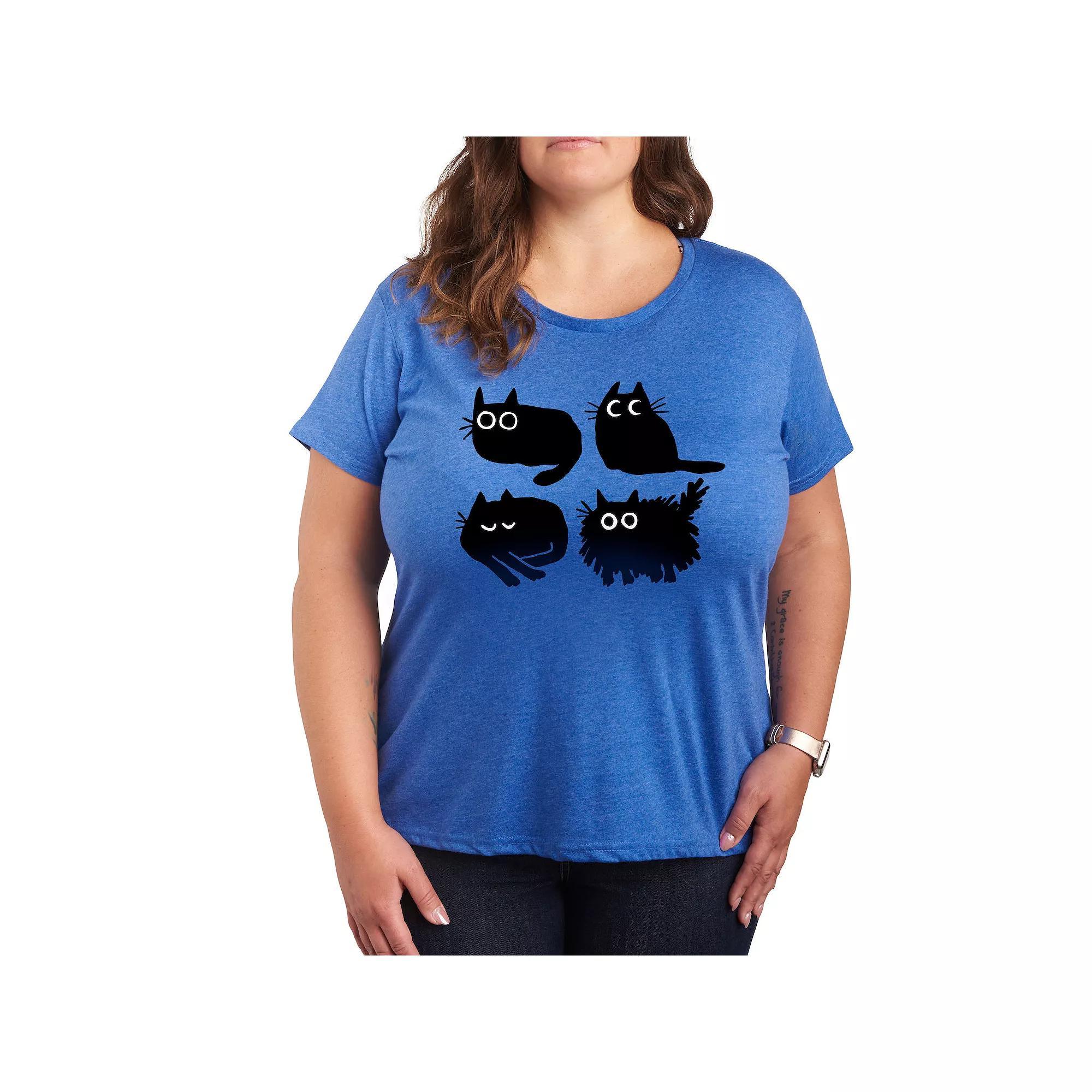 Plus Sketched Black Cats Graphic Tee, Womens Grey Royal Blue Product Image