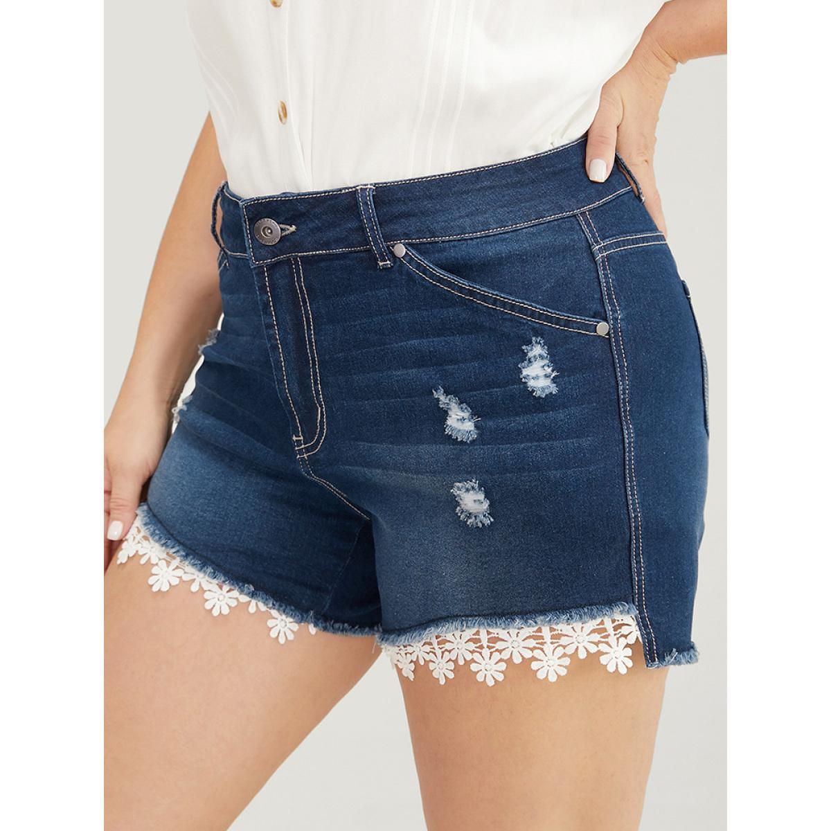 Plus Size Moderately Stretchy Ripped Lace Raw Hem Denim Shorts Women DarkBlue Medium stretch Dailywear Pocket Elegant Denim Shorts BloomChic 16/1X Product Image