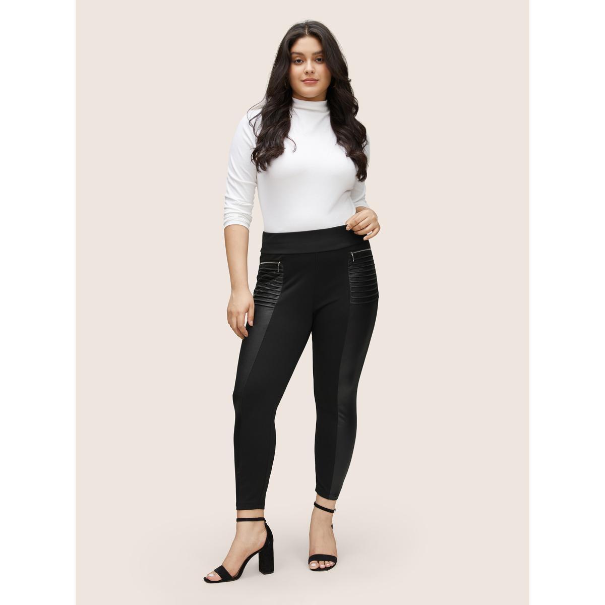 Plus Size Zip Detail Wideband Waist Patchwork Pocket Pants Women Black Casual Skinny High Rise Everyday Pants BloomChic 12/L Product Image