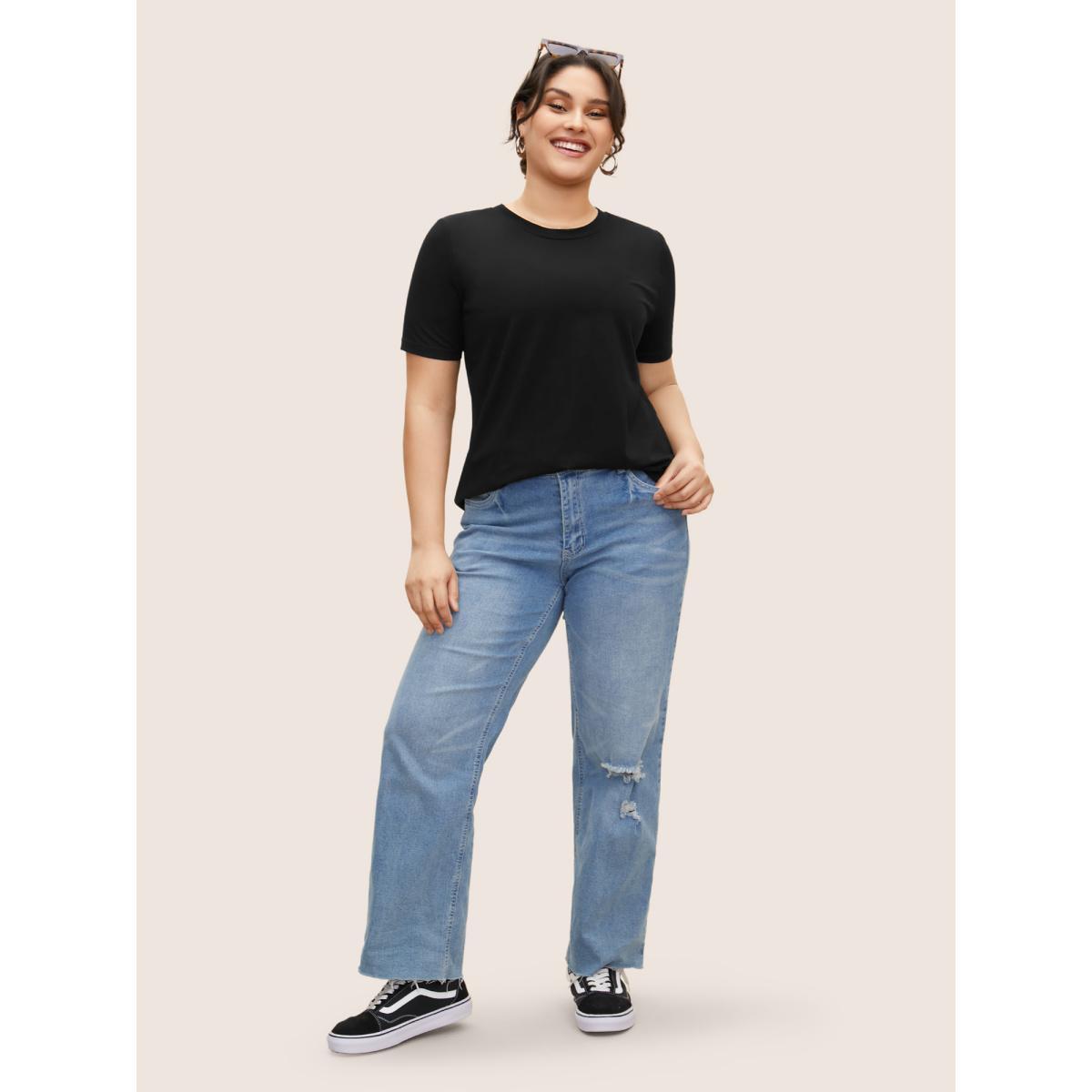 Plus Size Cotton Solid Basic Crew Neck Stretched T-shirt Black Women Basics Non Round Neck Everyday T-shirts BloomChic 14-16/1X Product Image