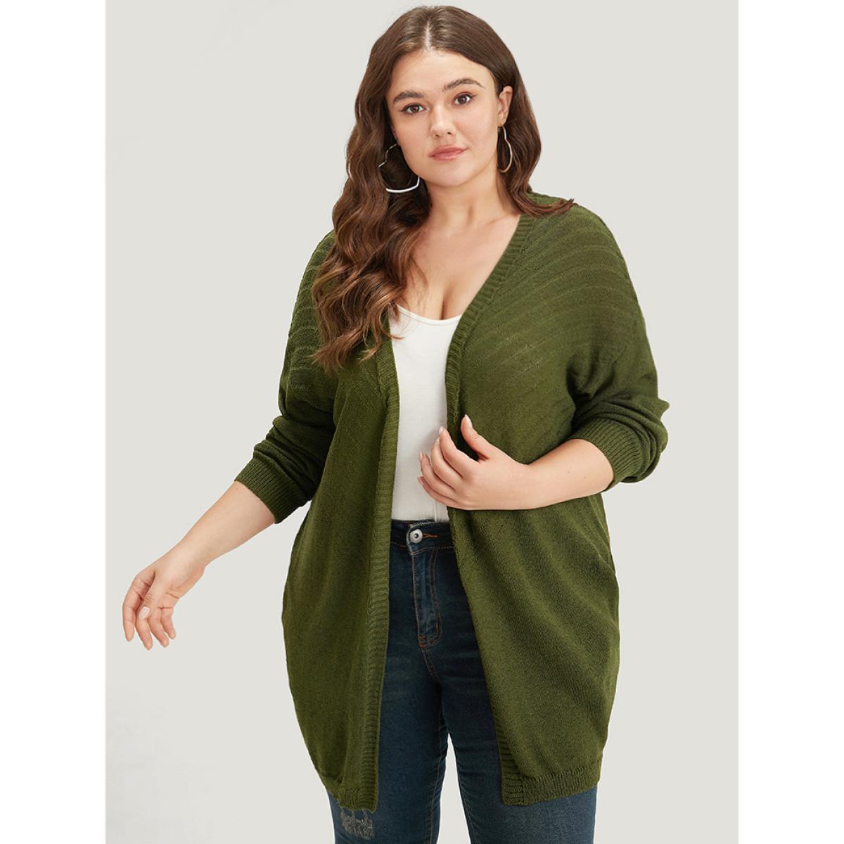 Plus Size Plain Pocket Open Front Cardigan ArmyGreen Women Casual Loose Long Sleeve Dailywear Cardigans BloomChic 10/M Product Image