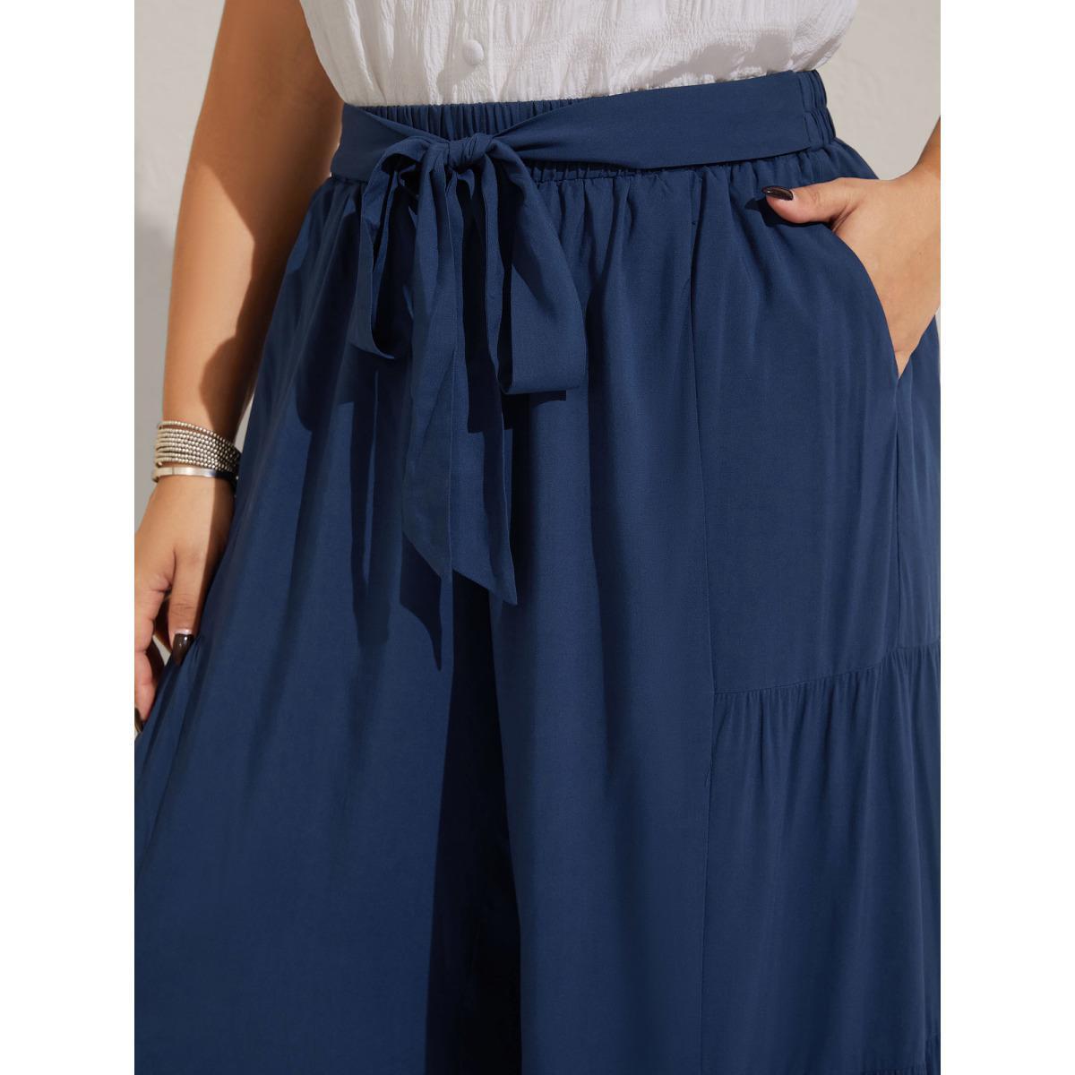 Plus Size Rayon Belted Solid Wide-Leg Pants Women Indigo Resort Wide Leg Mid Rise Vacation Pants BloomChic 28/5X Product Image