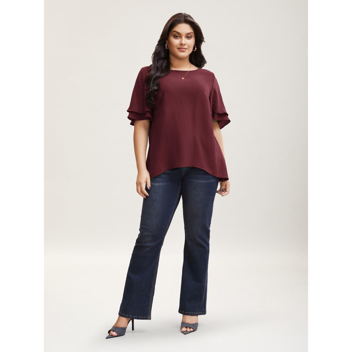 Plus Size Burgundy Solid Tiered Ruffles Split Hem Blouse Women Elegant Half Sleeve Boat Neck Everyday Blouses BloomChic 10/M Product Image