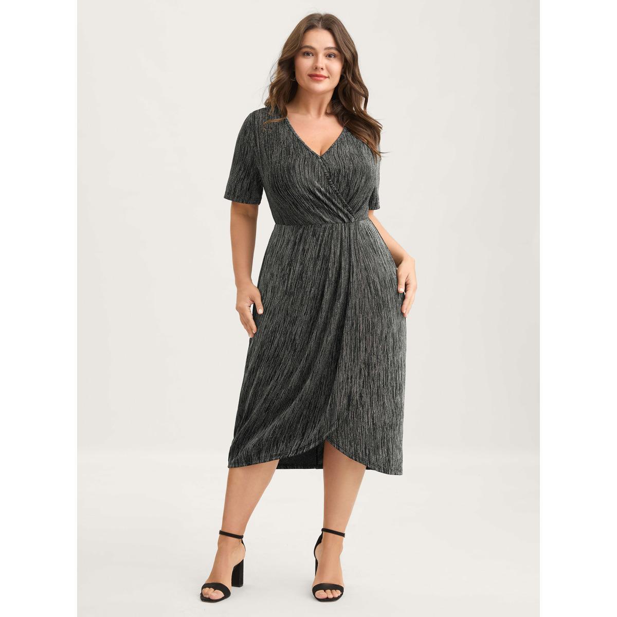 Plus Size Stretchy Asymmetrical Hem Surplice Midi Dress Black Women Overlapping Overlap Collar Short sleeve Curvy BloomChic 26/4X Product Image