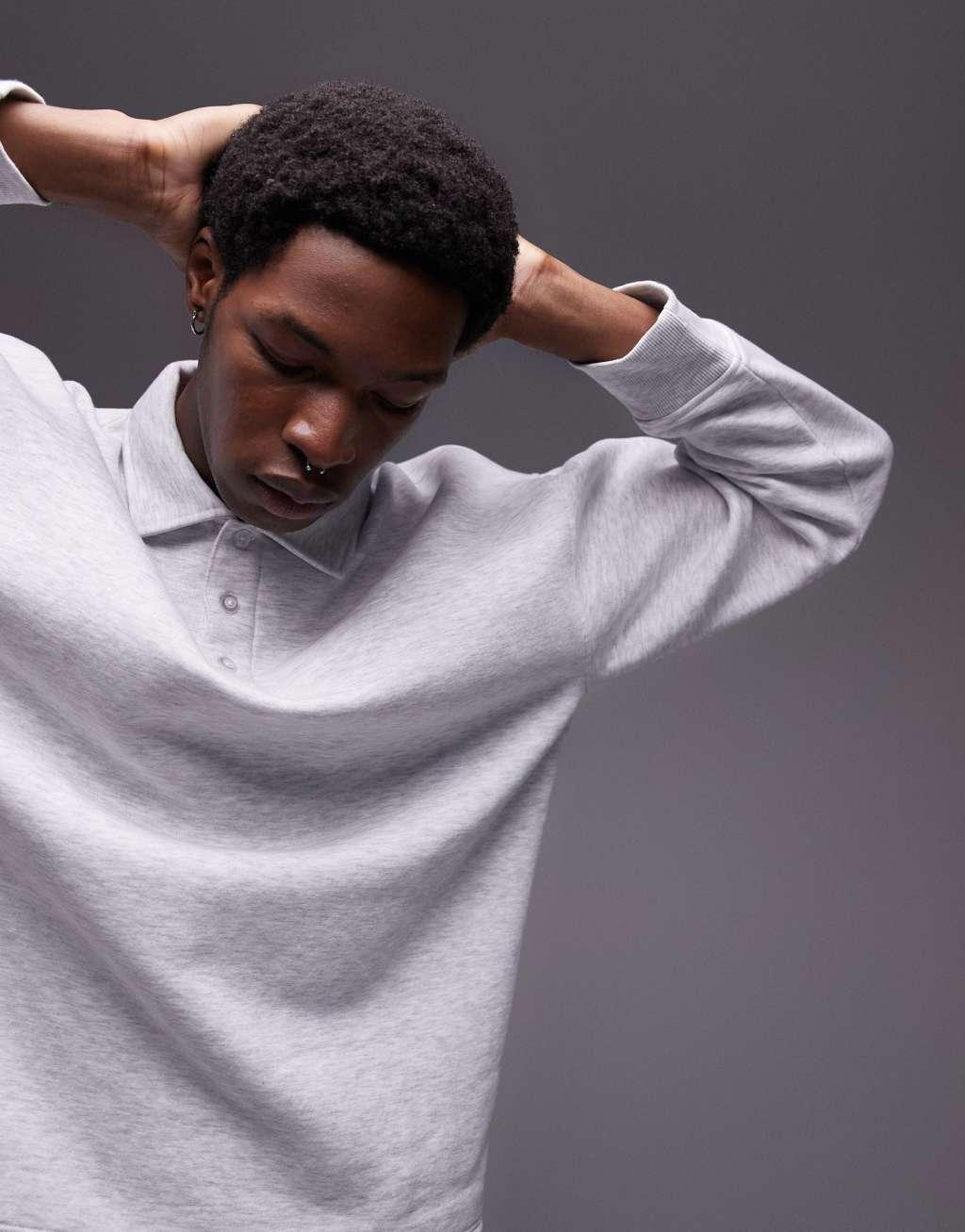 Topman oversized fit sweatshirt polo in ice gray heather Product Image