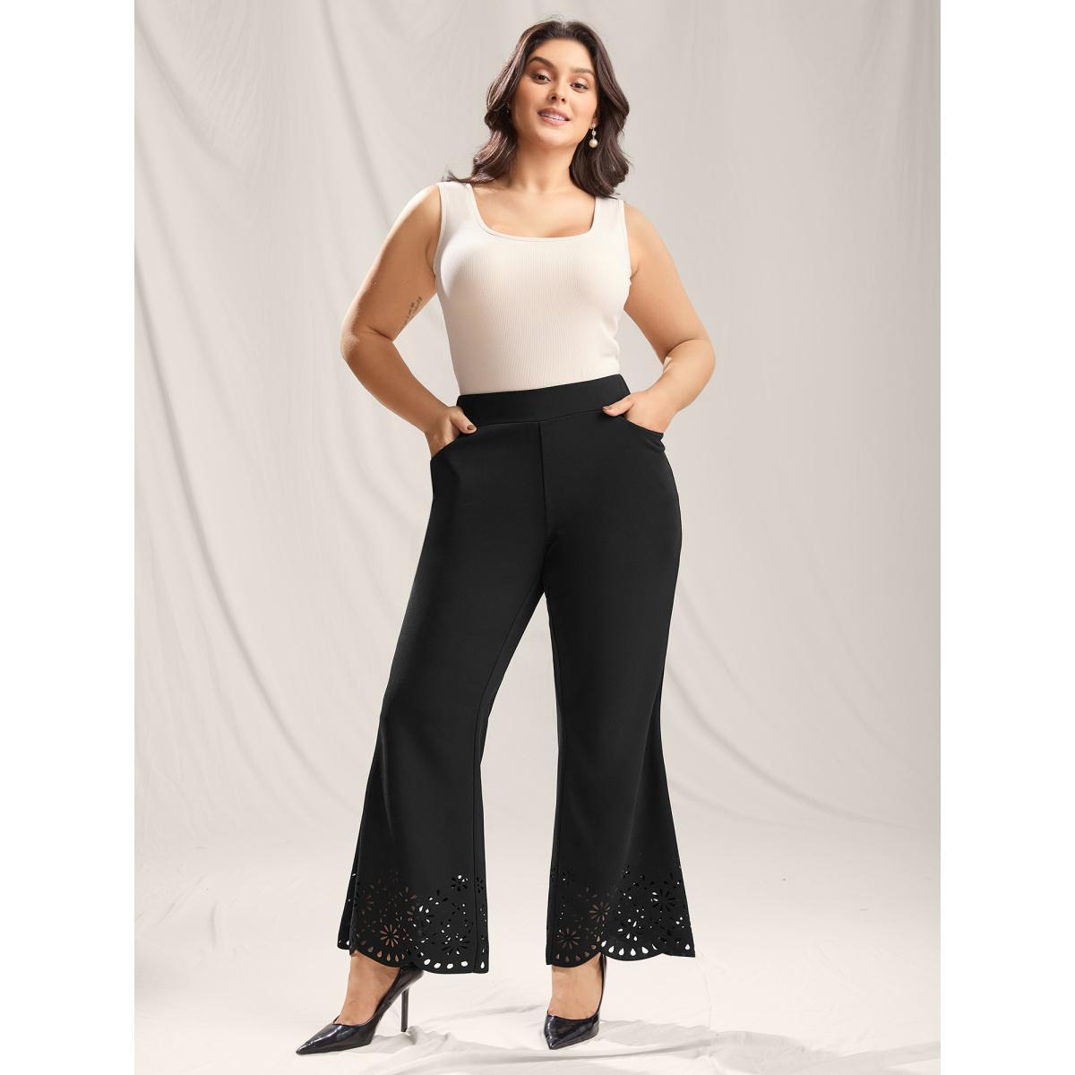 Plus Size Scalloped Laser Cut Bootcut Pants Women Black Elegant Bootcut Mid Rise Everyday-Elegant Pants BloomChic 18-20/2X Product Image