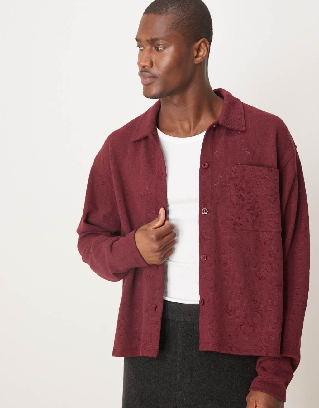 ASOS DESIGN oversized boxy shirt with summer knit in burgundy Product Image