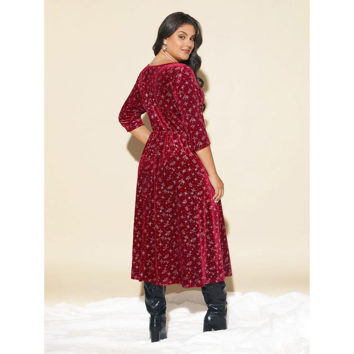 Plus Size Embossed Velvet Sweetheart Neckline Midi Dress Burgundy Women Cocktail Texture Heart neckline Elbow-length sleeve Curvy BloomChic 18-20/2X Product Image