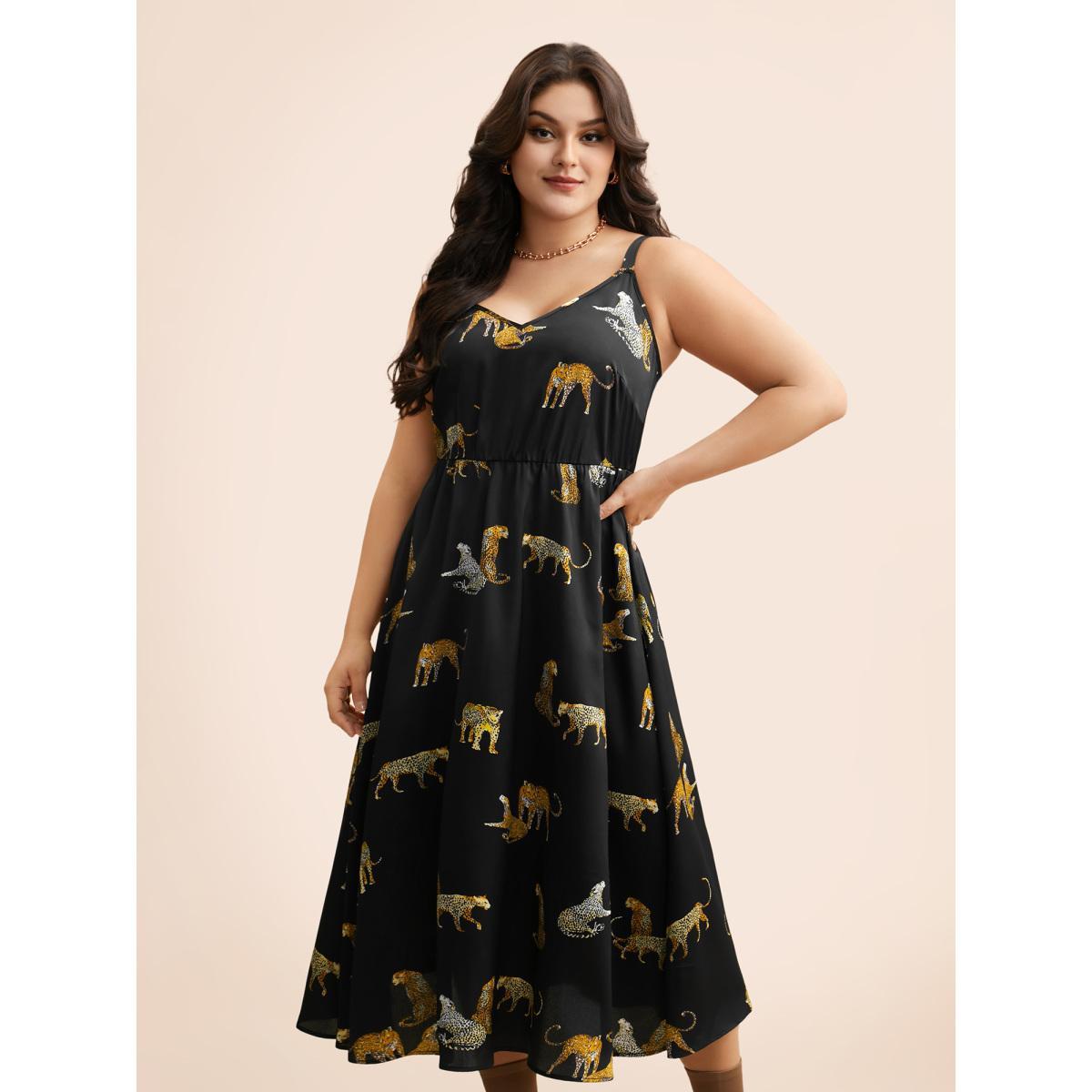 Plus Size Animal Print Elastic Waist Cami Dress Black Women Elegant Non V-neck Sleeveless Curvy BloomChic 26/4X Product Image