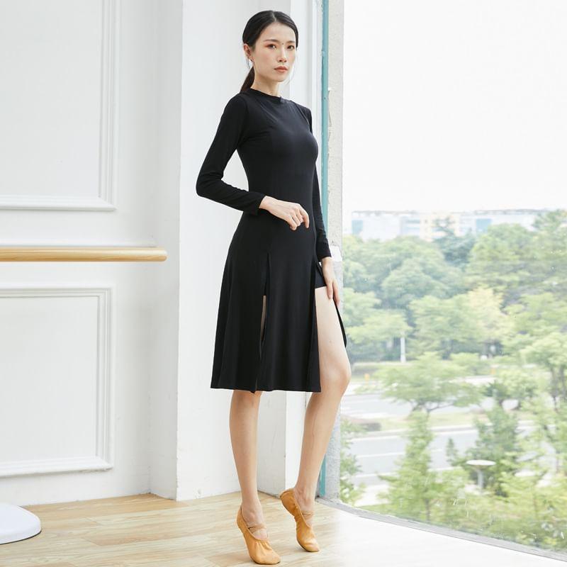 Long-Sleeve Crew Neck Plain Side-Slit Dance Dress Product Image