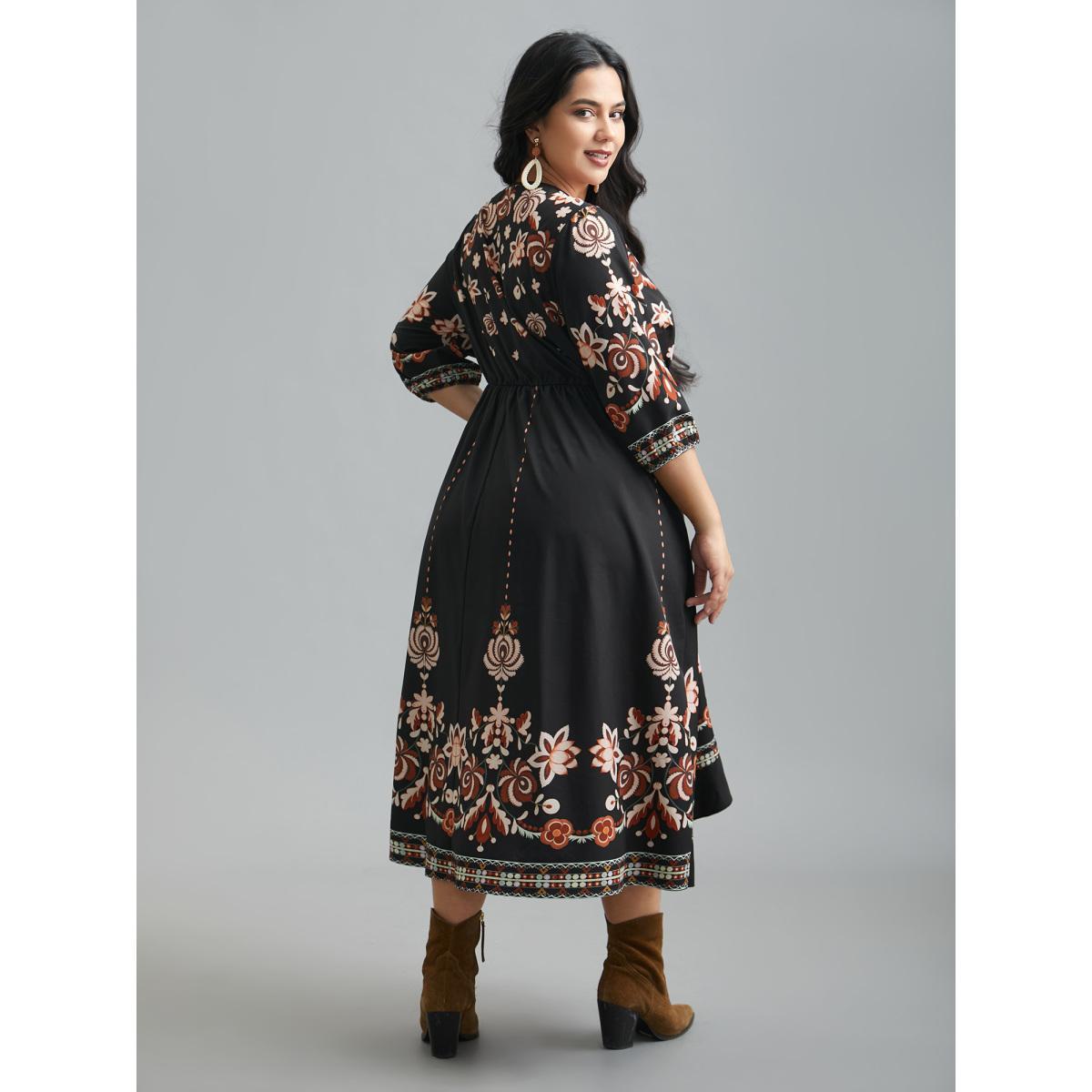 Plus Size Floral Print Wrap Ruffled Hem Dress BlackFlower Women Resort Ruffles Overlap Collar Elbow-length sleeve Curvy BloomChic 14-16/1X Product Image