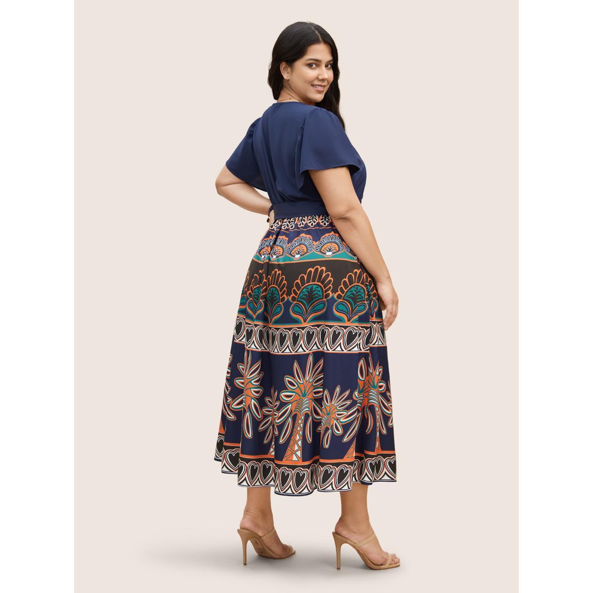 Plus Size Boho Print Patchwork Ruffle Sleeve Dress DarkBlue Women Resort Belted V-neck Short sleeve Curvy BloomChic 18-20/2X Product Image