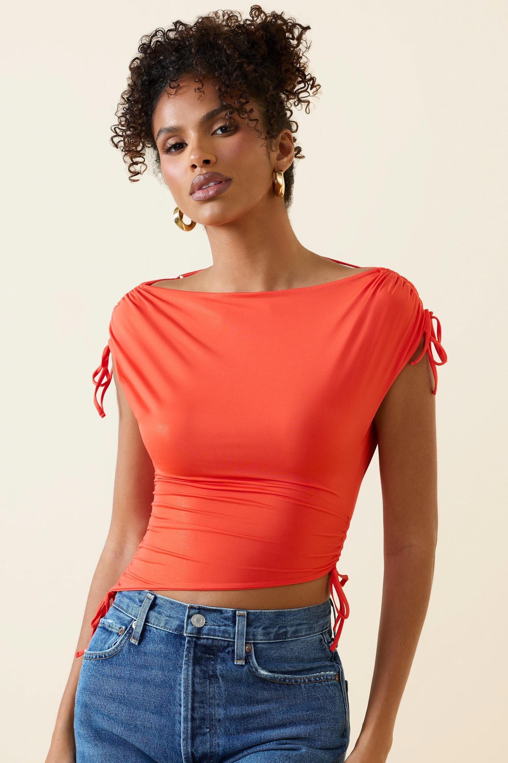 Asymmetric Ruched Cowl-Back Crop Top in Scarlet Product Image
