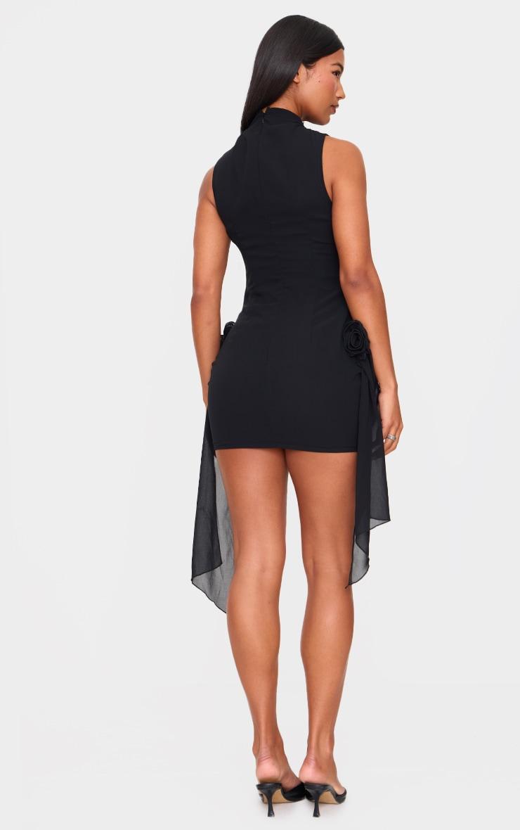 Black Chiffon Boat Neck Drape Detail Mini Dress Product Image