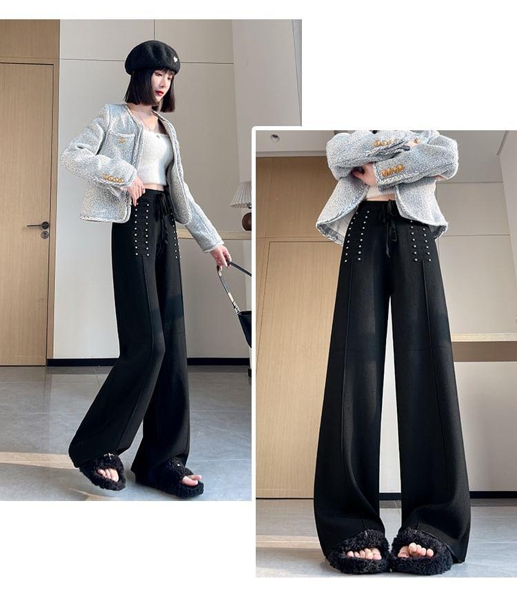 High Rise Rhinestone Knit Wide Leg Pants Product Image