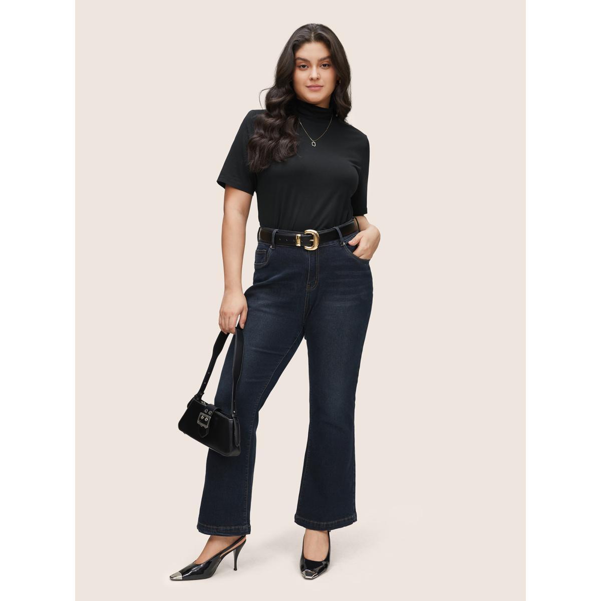 Plus Size Cotton Bodycon Mock Neck T-shirt Black Women Basics Non Plain Mock Neck Everyday T-shirts BloomChic 30/6X Product Image
