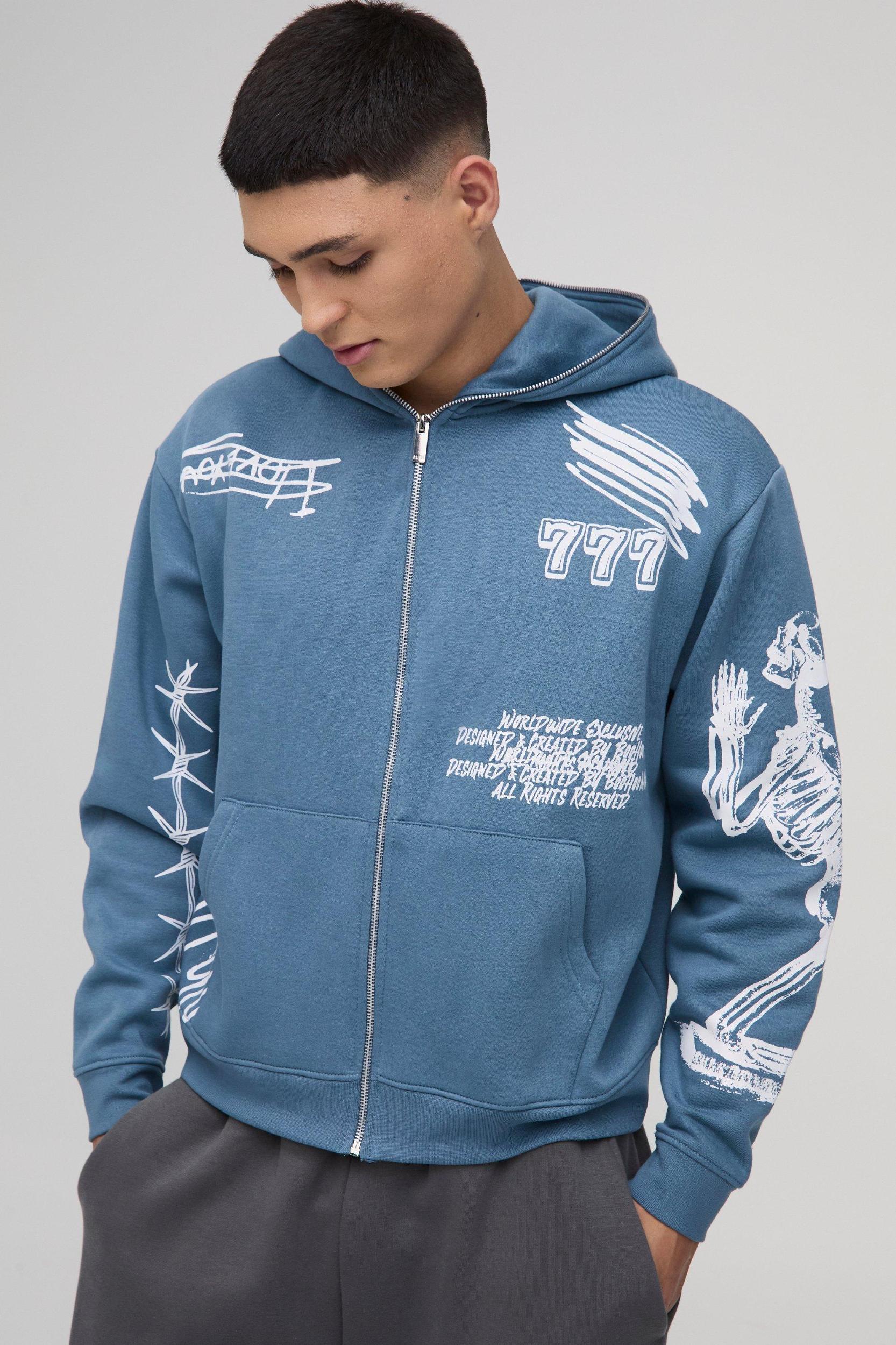 Mens Oversized AOP Doodle Zip Through Hoodie - Grey Product Image
