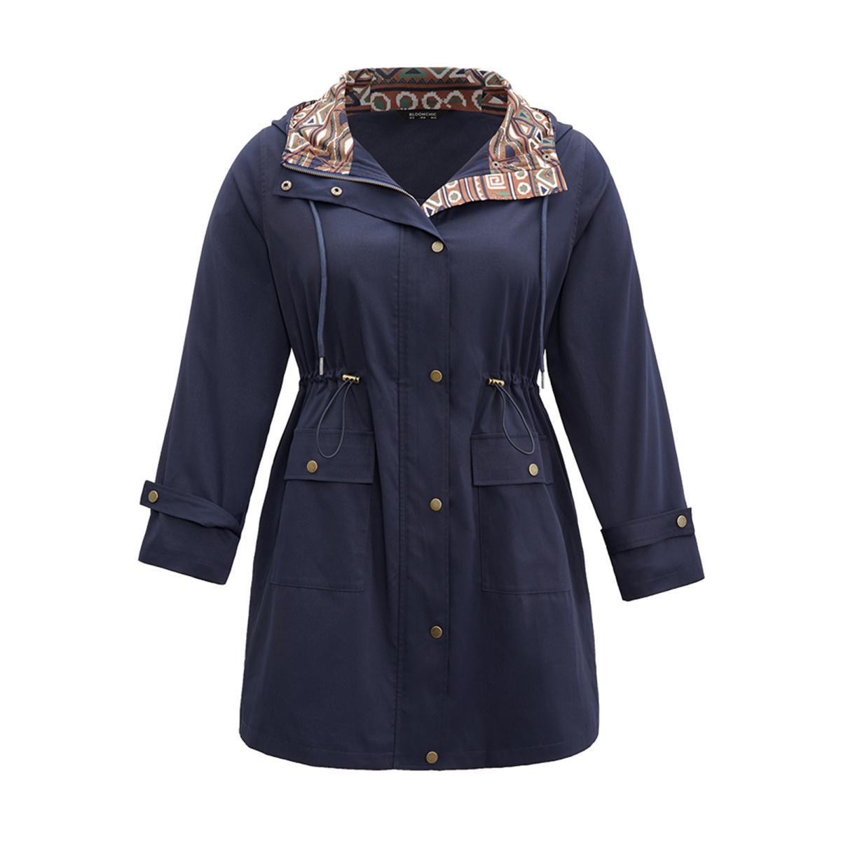Plus Size Bandana Print Hooded Drawstring Snap Button Jacket Women Indigo Patchwork Pocket Everyday Jackets BloomChic 14-16/1X Product Image