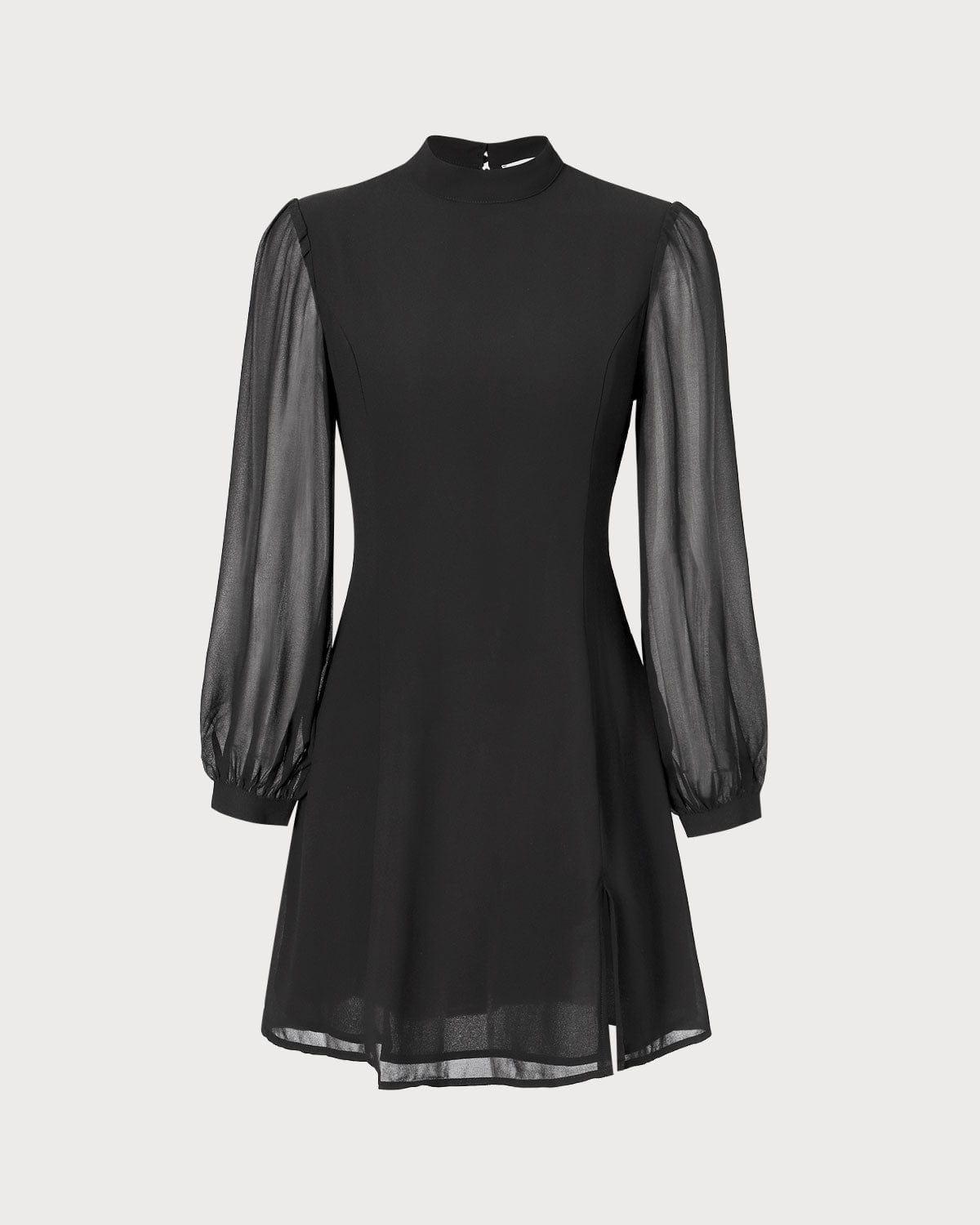 The Black Stand Collar Sheer Slit Mini Dress Product Image