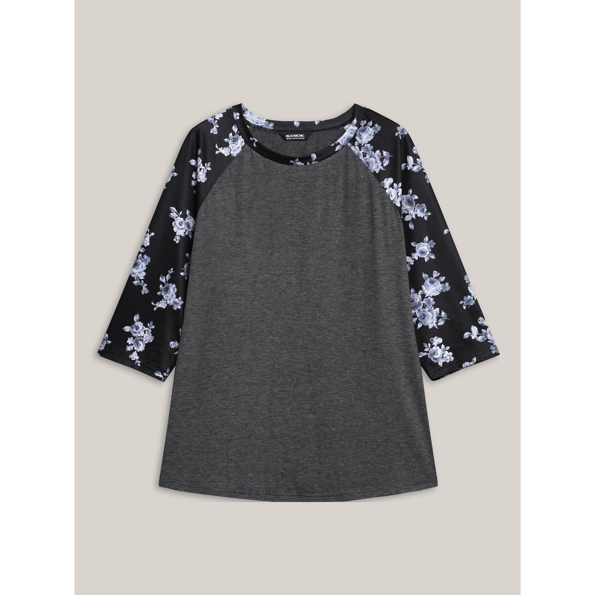 Plus Size Floral Sleeve Round Neck Flared T-Shirt DimGray Women Casual Contrast Natural Flowers Round Neck Everyday T-shirts BloomChic 22-24/3X Product Image