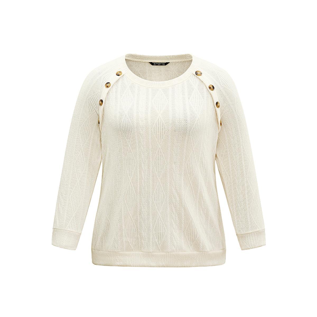 Plus Size Plain Texture Button Detail Knit Sweatshirt Women White Elegant Texture Round Neck Dailywear Sweatshirts BloomChic 22-24/3X Product Image