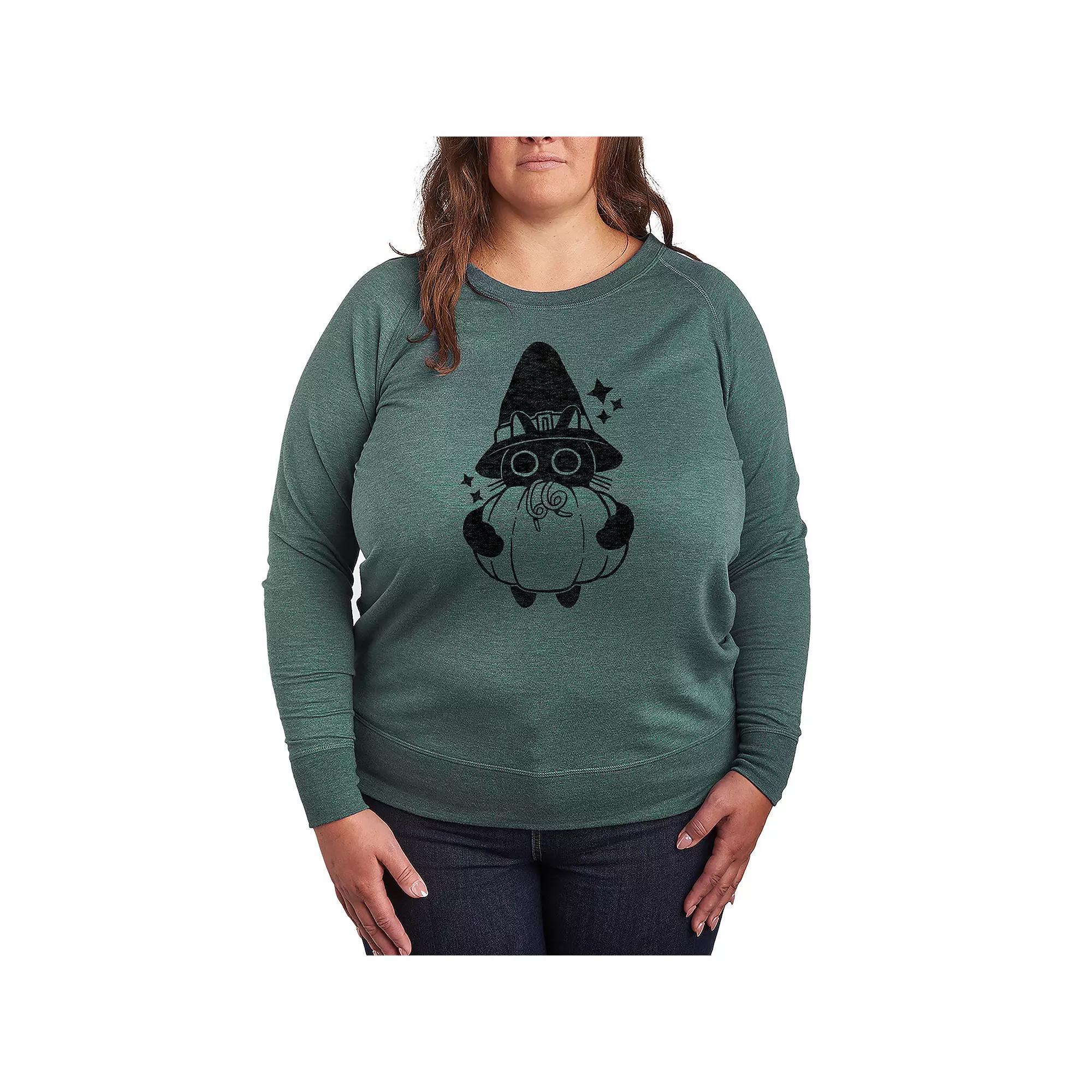 Plus Size Witch Cat With Pumpkin French Terry Long Sleeve Tee, Womens Grey Green Product Image