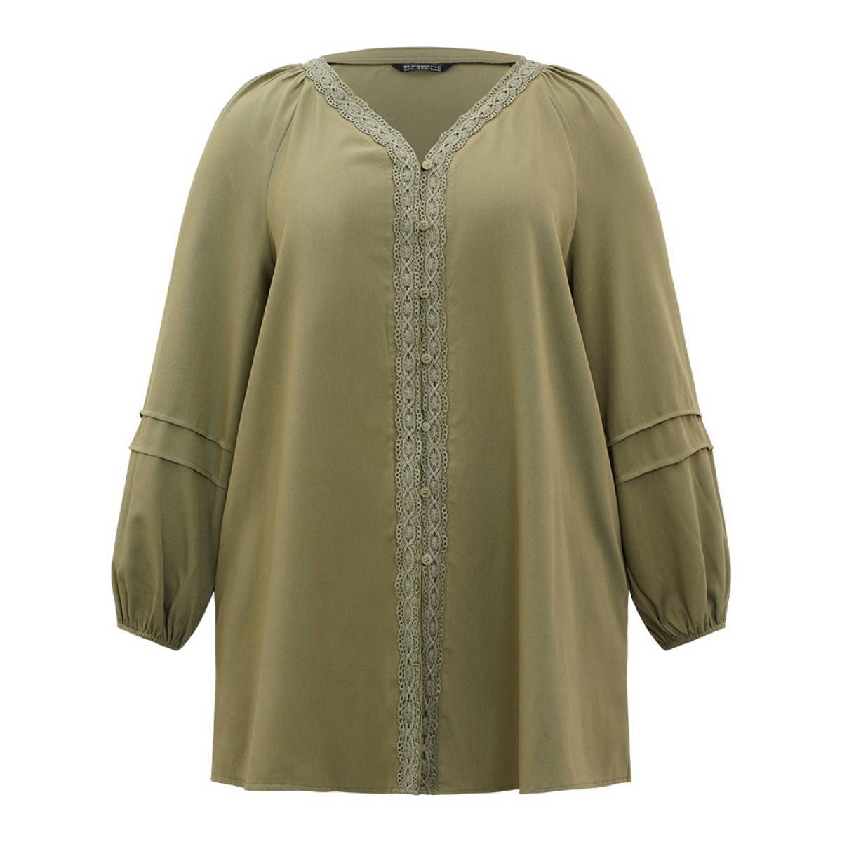 Plus Size Plain Contrast Lace Lantern Sleeve Button Fly Coat Women Sage Casual Elastic cuffs Ladies Dailywear Winter Coats BloomChic 26/4X Product Image