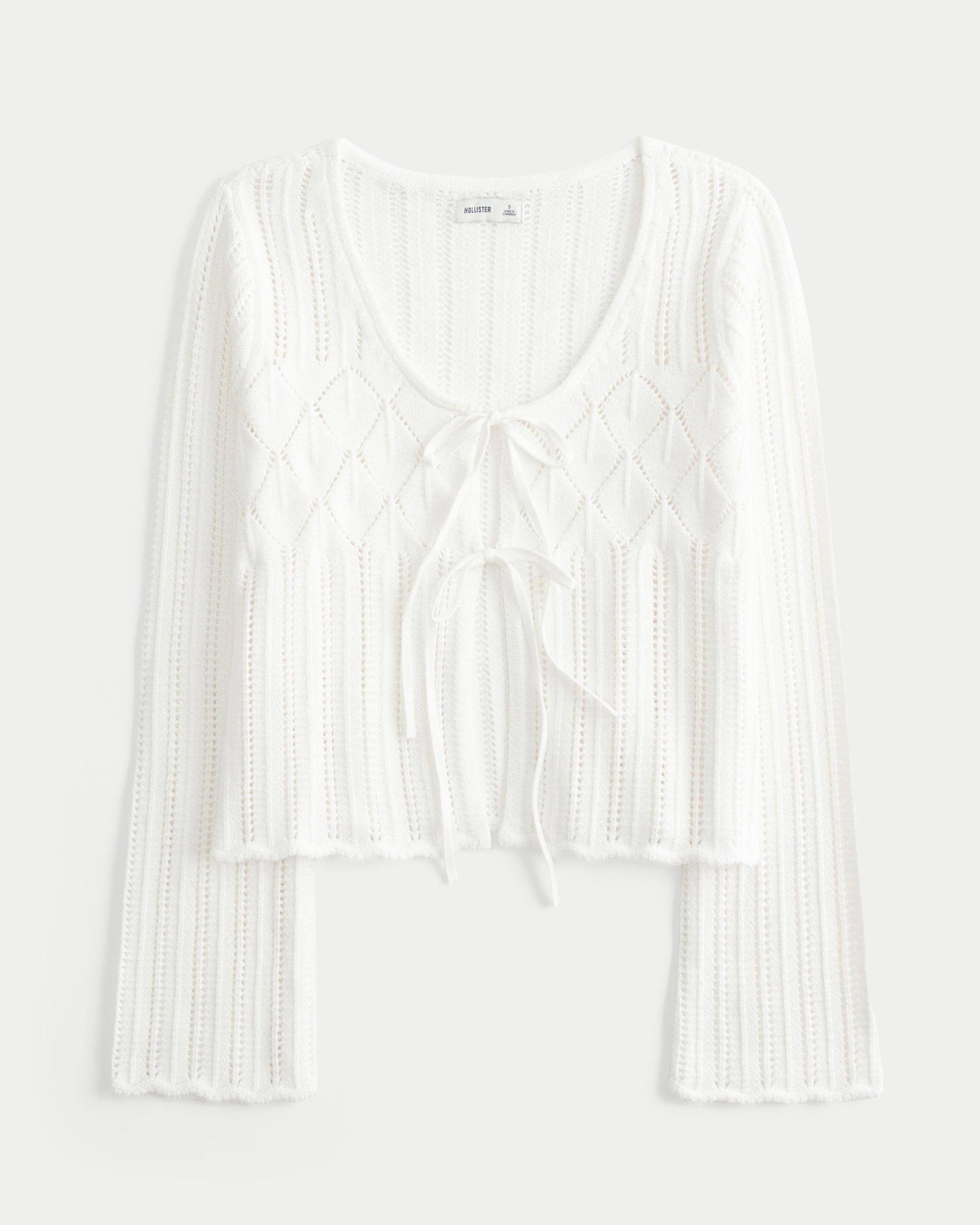 Crochet-Style Tie-Front Textured Sweater Product Image