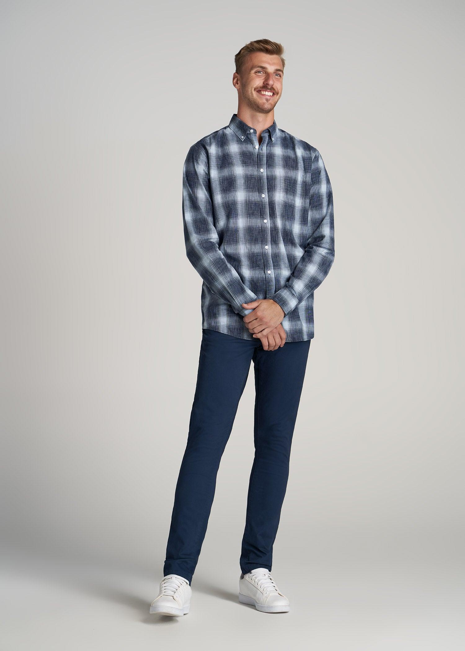 Soft-Wash Button-Up Shirt for Tall Men in Blues Plaid Product Image
